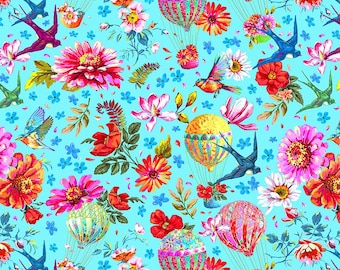 May include: A colourful fabric pattern with hot air balloons, birds, and flowers on a light blue background. The design includes red, pink, orange, and yellow flowers, with blue swallows and small blue flower accents. The pattern repeats across the fabric.