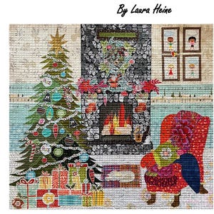 May include: A festive Christmas quilt depicting a decorated tree, fireplace, and armchair. The tree is decorated with ornaments and a star. A cosy armchair sits near the fireplace, and wrapped gifts are under the tree. The text "A Merry Little Christmas" is at the top.
