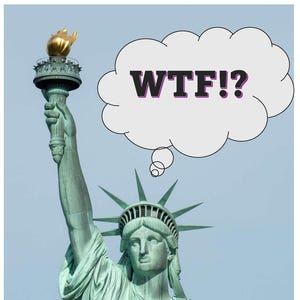 Puede incluir: La Estatua de la Libertad, una estatua de cobre verde, sostiene una antorcha y una tableta. Una burbuja de pensamiento sobre la estatua dice "WTF!?" en letras negras con un contorno morado. El fondo es un cielo azul claro y despejado.