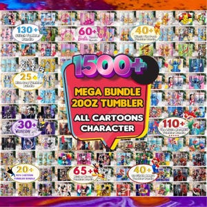 1500+ 20oz Cartoon Tumbler Bundle, All Cartoon Character Sublimation, Kids Tumbler PNG, Sublimations, Cartoon Tumbler Designs