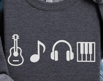 Embroidered Music Icons Sweatshirt | Gift for Musicians | Guitar, Piano, Singer Sweater | Music Student Pullover | Musical Apparel | Gift
