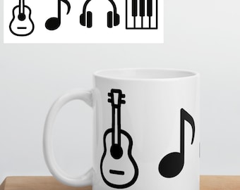 Music Themed Mug with Minimalist Icons | Gift for Musicians | Guitar, Piano, Singer Present | Music Student and Teacher | Musical Accessory
