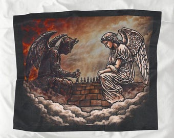 Angel vs Devil Chess Plush Blanket | Gothic Velveteen Throw | Dark Fantasy Home Decor | Celestial Battle Art Gift |  Artsy Aesthetic Bedding