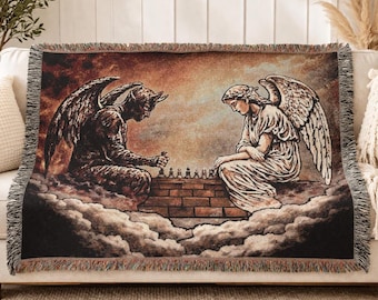 Angel & Devil Chess Woven Blanket | Gothic Home Décor Gift | Study Room Tapestry Throw | Heaven and Hell Renaissance Art | Good versus Evil