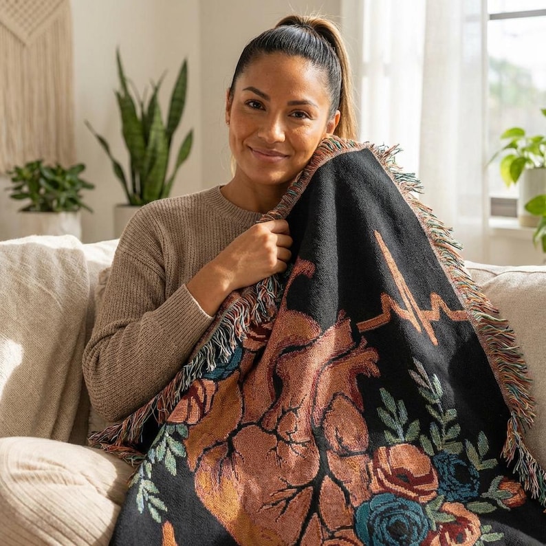 Anatomical Heart Floral Woven Blanket | EKG Pulse Throw | Cardiac Nurse ...