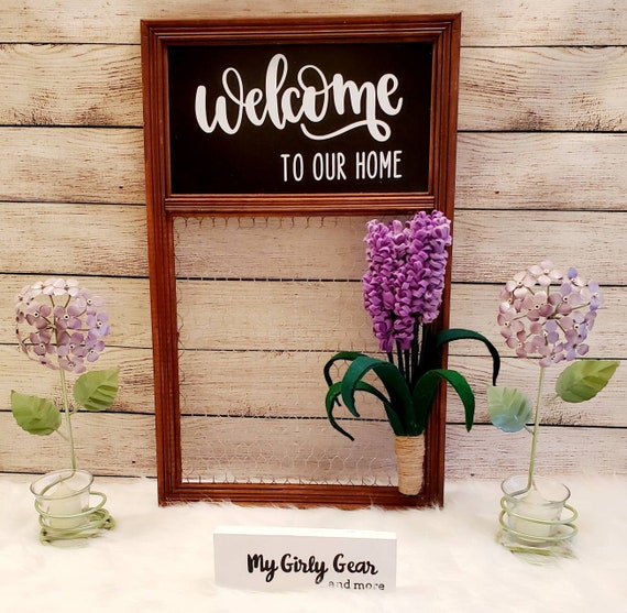 Welcome to our home sign, FREE SHIPPING chicken wire on wood frame hand cut felt lavender bunch Welcome in white on black chalkboard.