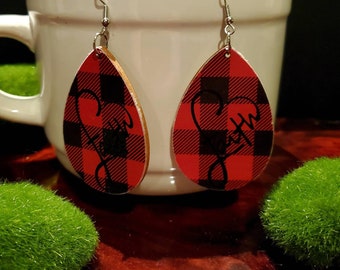 Buffalo check FAITH earrings red and black check with a heart and word faith in it teardrop shaped wood slice earrings 2 inch long