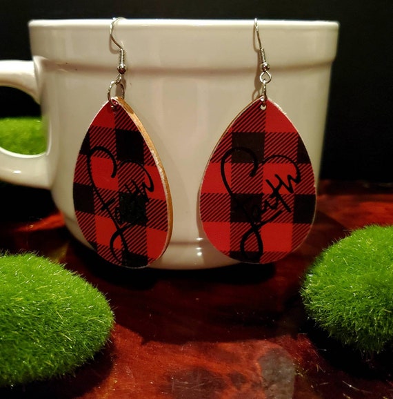 Buffalo check FAITH earrings red and black check with a heart and word faith in it teardrop shaped wood slice earrings 2 inch long