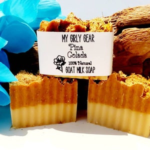 Pina colada goat milk soap all natural with turmeric powder and kaolin clay handmade and scented with essential oils, coconut oil olive oil
