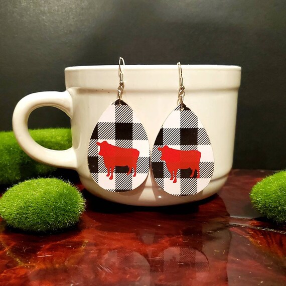 Buffalo check cow teardrop shaped wood slice earrings black and white matte check with red matte cow. 2 inch