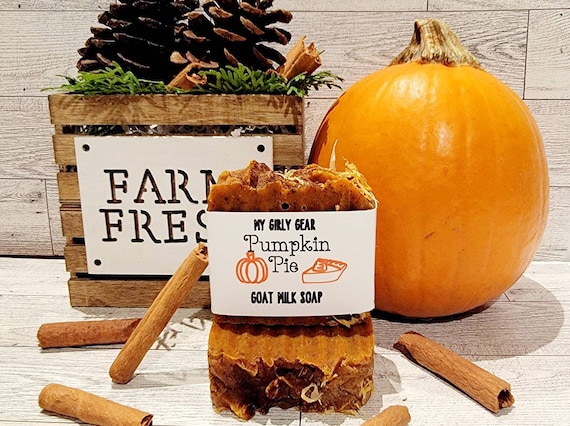 Pumpkin spice goat milk cold process bar soap. Holiday soap scented with essential oils and all natural ingredients including real pumpkin.