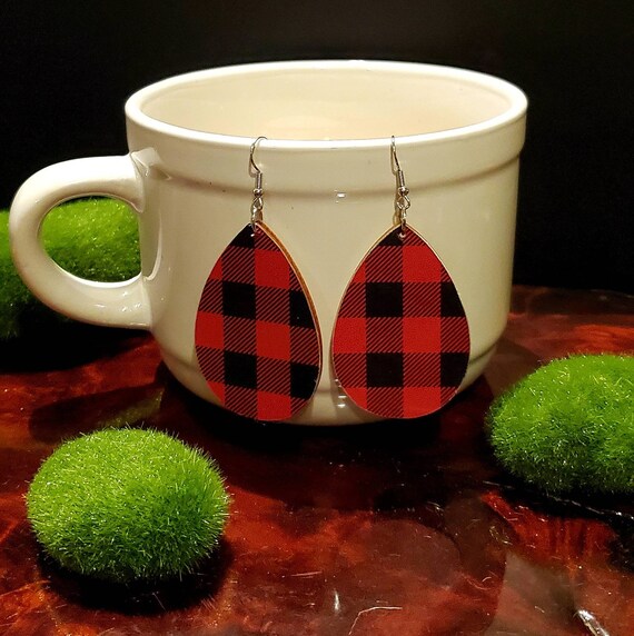 Buffalo check wood earrings in red and black teardrop shaped wood slice earrings 2 inch