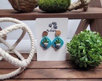 Cute potted plant, polymer clay,teal and gray dangle earrings. surgical steel wood post.