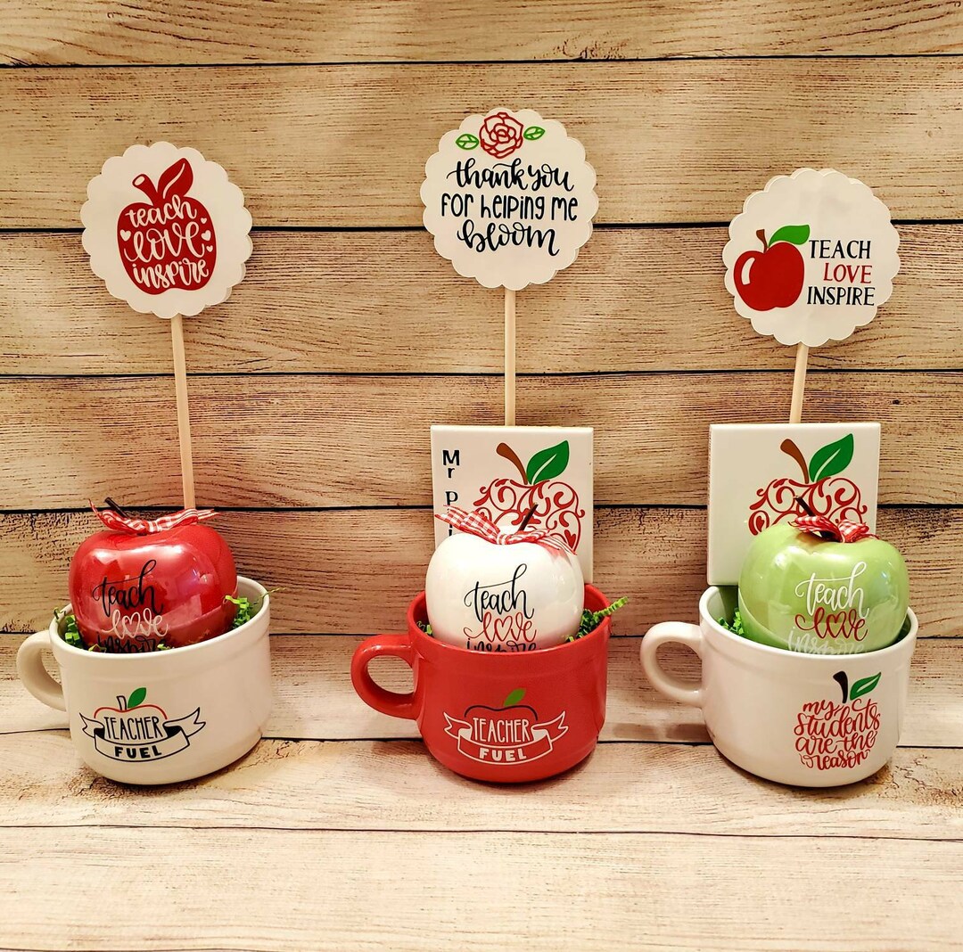 Teacher Gift Set Personalized Ceramic Apple, Coffee Cup, and Coaster