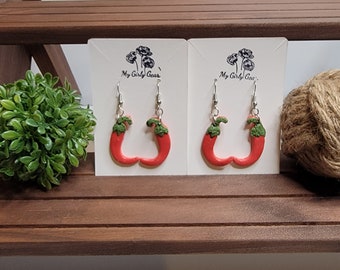 Cute red pepper, polymer clay, handmade dangle earrings with surgical steel  hook style or huggie style
