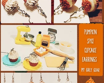 Mini Pumpkin Spice Cupcake earrings in 2 styles, one frosted w/ orange sprinkles one whipped frosting w/cinnamon on top. Handmade earrings.