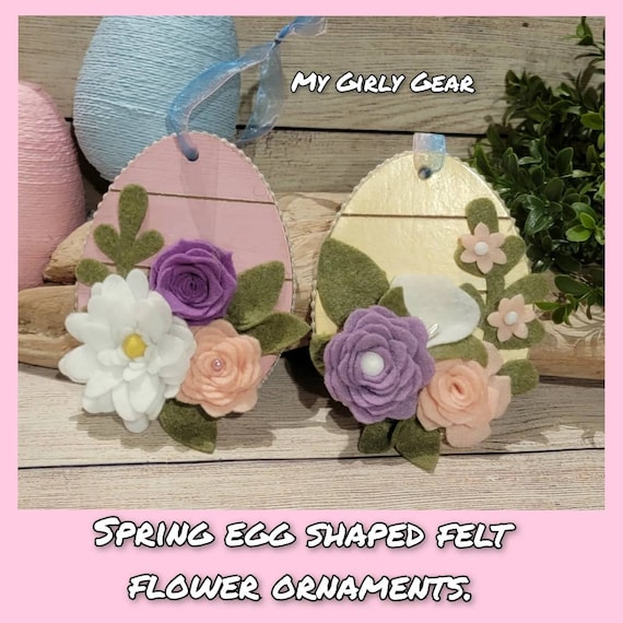 Spring wood slat egg ornament set with handmade felt flowers pink and yellow eggs felt flowers in pink white and purple Easter decor