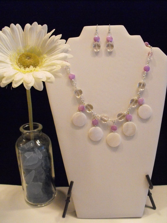White and Pinkish Purple Shell and Pink Glass Beaded Necklace with Matching Earring