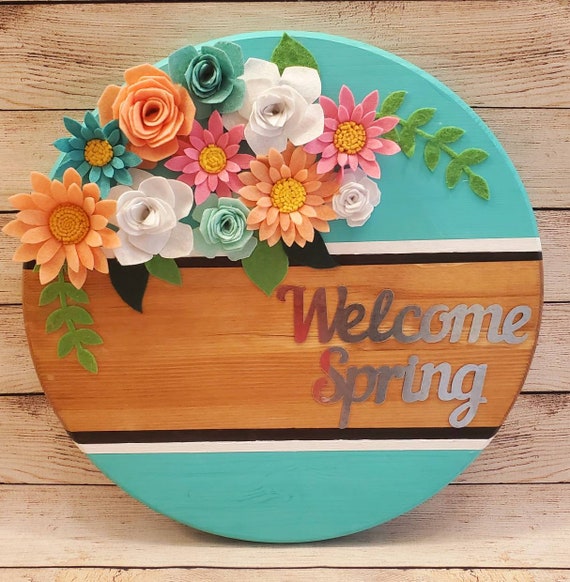 Round wood sign felt flowers Hello Spring in metal wall decor wood sign 18 inches by 1 inch thick