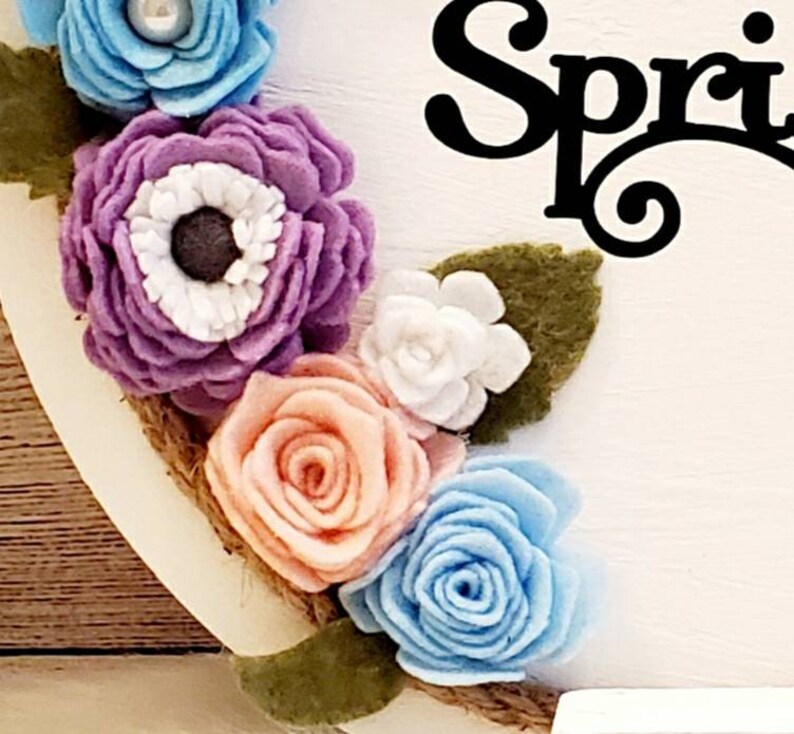 Hello Spring Round Sign Pastel Felt Flowers in Pink Lavender and Blue ...