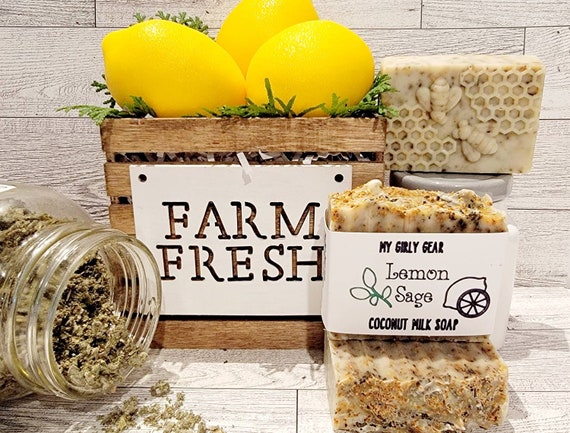 Lemon Sage Coconut Milk (Non Vegan) Bar Soap with real sage and lemon zest and scented with essential oils