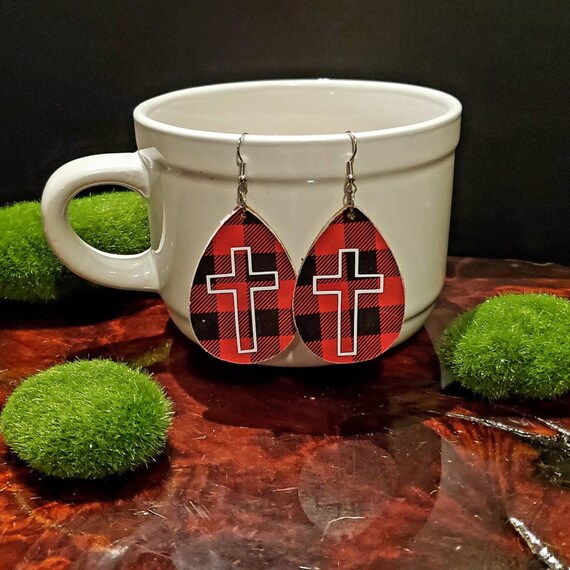 Cross buffalo check Earrings in red and black check plaid with white cross outline 2 inch long