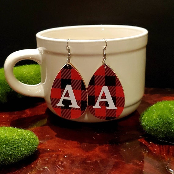 Buffalo check inital A earrings teardrop shaped wood slice red and black check with a white vinyl A in the center 2 inch long