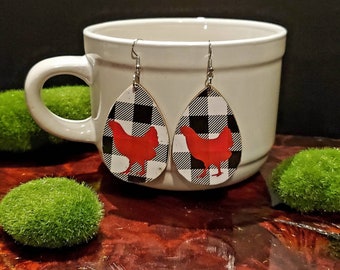Buffalo check chicken earrings teardrop shaped wood slice earrings with black and white check and red chicken farmhouse style 2 inch