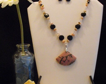 Pretty Pink and Black Rhodonite Pendant with Agate and Pink Opal Necklace/Earring Set