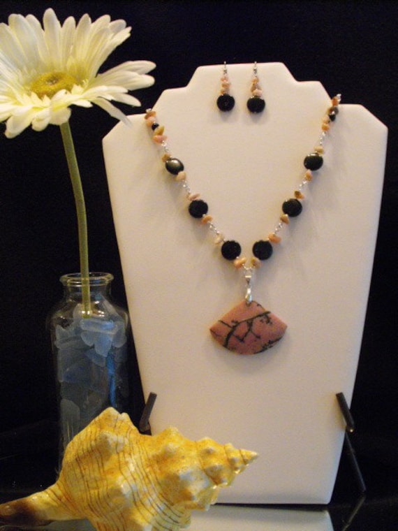 Pretty Pink and Black Rhodonite Pendant with Agate and Pink Opal Necklace/Earring Set