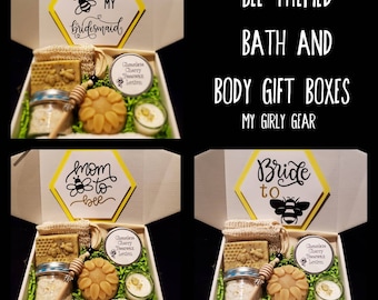 Bee Themed Gift Boxs filled w/ handmade bath & body products Mom to bee, Bride to bee, Happy Bee Day, Bee my Bridesmaid, Bee my Valentine