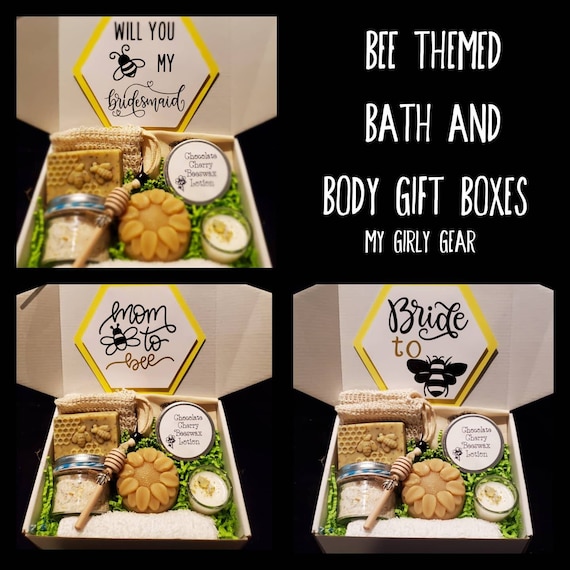 Bee Themed Gift Boxs filled w/ handmade bath & body products Mom to bee, Bride to bee, Happy Bee Day, Bee my Bridesmaid, Bee my Valentine