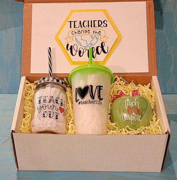 Teacher Gift Box with personalized ceramic apple, personalinzed color changing cup w/lid and straw, glass jar cup w/ lid and straw