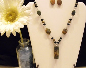 Multi-Colored Picasso Jasper and Black Agate Beaded Necklace and Earring Set