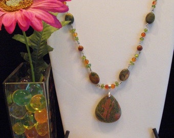 Unakite Necklace  and Earring set with Peridot and Agate