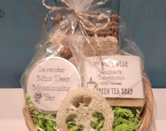 Bath and body gift basket all natural  bar soap and lotion bar loofah bag and soap tray small gift basket