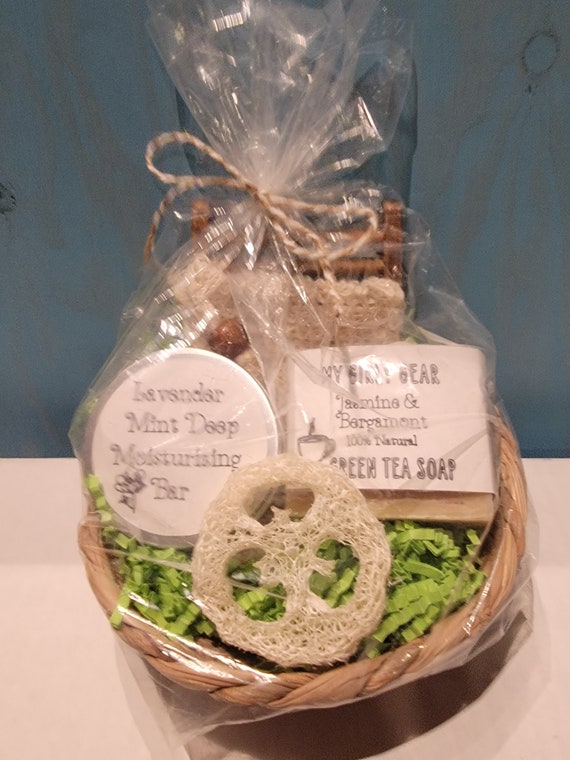 Bath and body gift basket all natural  bar soap and lotion bar loofah bag and soap tray small gift basket