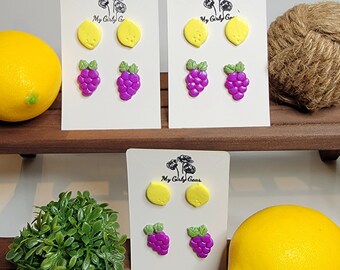 Pair of fruit stud post set, purple grape earrings  and yellow lemon earrings. Surgical steel posts.