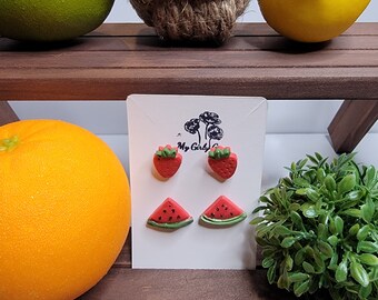 Pair of fruit stud post set, red strawberry earrings,  and red and green watermelon earrings. Surgical steel posts.