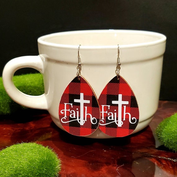 Buffalo check Faith earring wood slice teardrop shaped 2 inch with silver findings