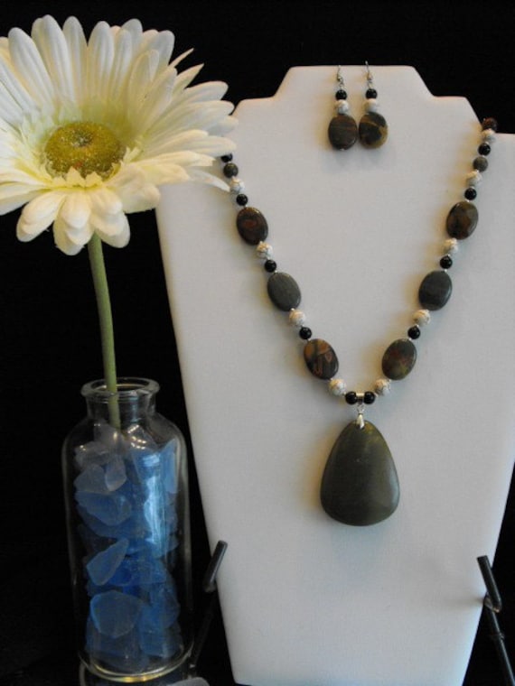 Picasso Jasper Pendant Necklace and Earring Set with Black Agate & White Turquoise