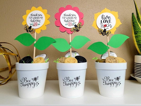 Teachers gift flower in pot filled with handmade soap and lotion. Thank you for helping me grow. Teacher appreciation, end of year, gift set