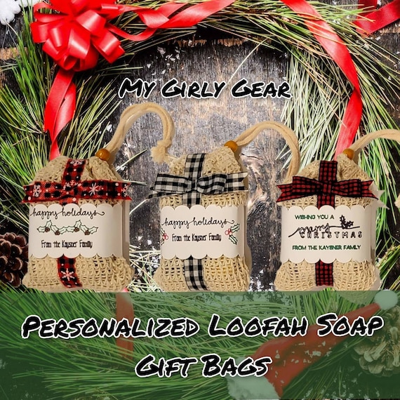 Loofah bag with full bar of all natural handmade soap with a custom lable personalized vegan and goat milk soap.