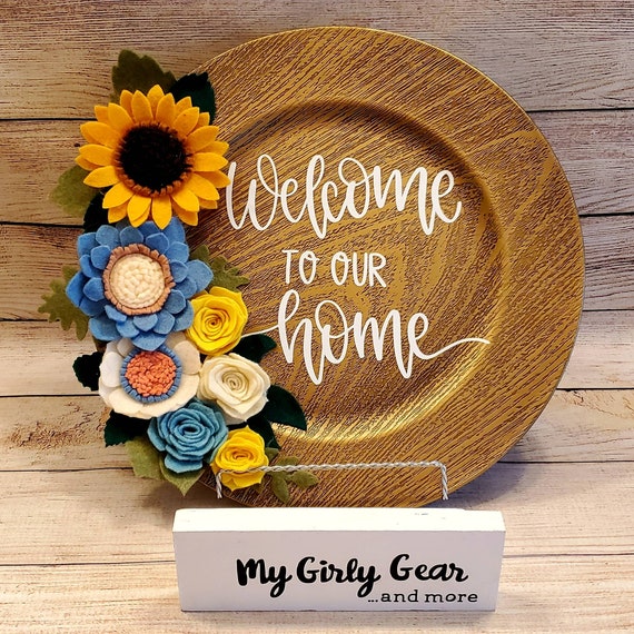Felt flower Welcome sign on wood look charger plate Sunflower and more in blue yellow and cream flowers and sage and green leaves