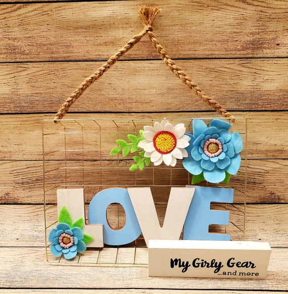 Love sign felt flowers gold wire framed wall decor 3D wood Love painted blue and white with matching felt flowers with twine hanger 12×9 in.