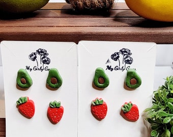 Pair of fruit stud post set, red strawberry earrings  and green avocado earrings. Surgical steel posts.