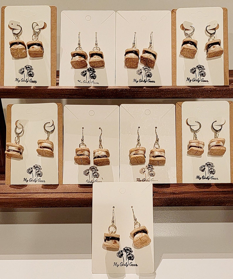 Mini Smore earrings handmade from polymer clay. The chocolate, toasted marshmallow and graham cracker s'mores you love but you can wear them image 3