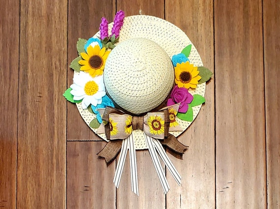 Summer Sun Hat Wreath/Door Hanger Free Shipping handmade felt flowers sunflowers, daisy, with a sunflower bow made of 3 kinds of ribbon