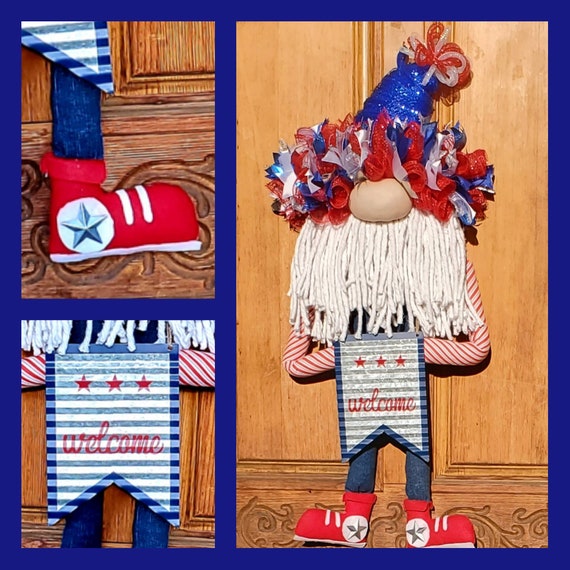 4th of July Gnome Free Shipping Wreath / Door Hanger with metal welcome sign. Gnome with beard arms wearing jeans and red high tops