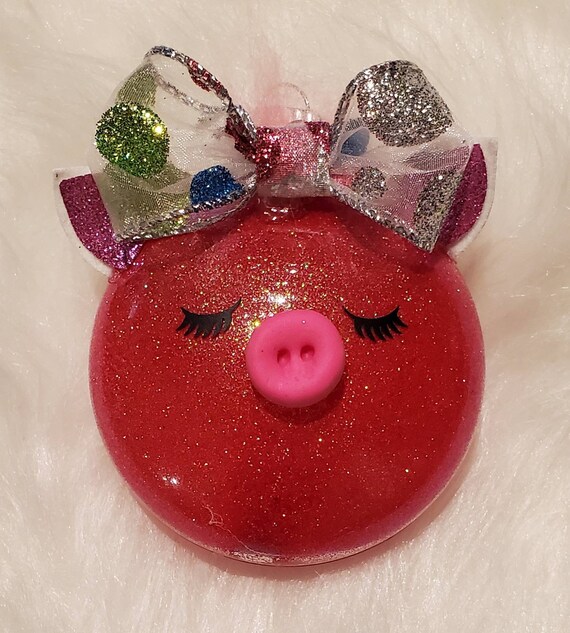 Dark pink pig ornament cute bow farmhouse Christmas Pig shatterproof personalized glittery with eye lashes